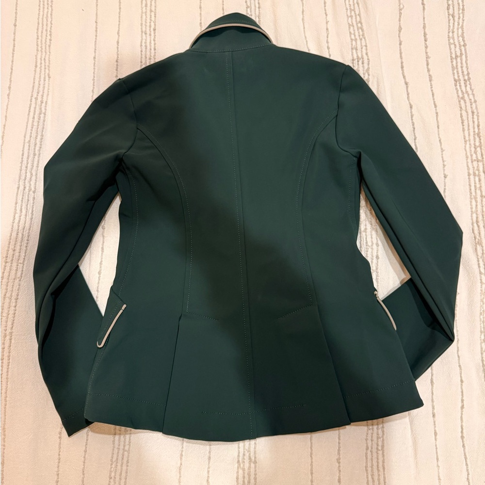 Girls Equestian For Horses show jacket coat size 10 green with tan piping - Picture 2 of 3